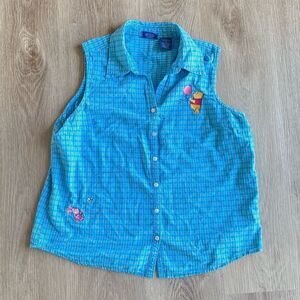 Vintage 90s Disney Winnie the Pooh plaid tank top button-down shirt Embroidered